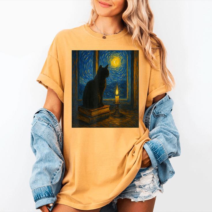 Van Gogh Starry Night Art Cat And Book Lovers Women's Comfort Colors T-Shirt