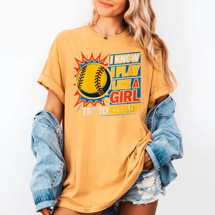 Women's Girls Softball Play Like A Girl Comic Book Pop Art Women's Comfort Colors T-Shirt