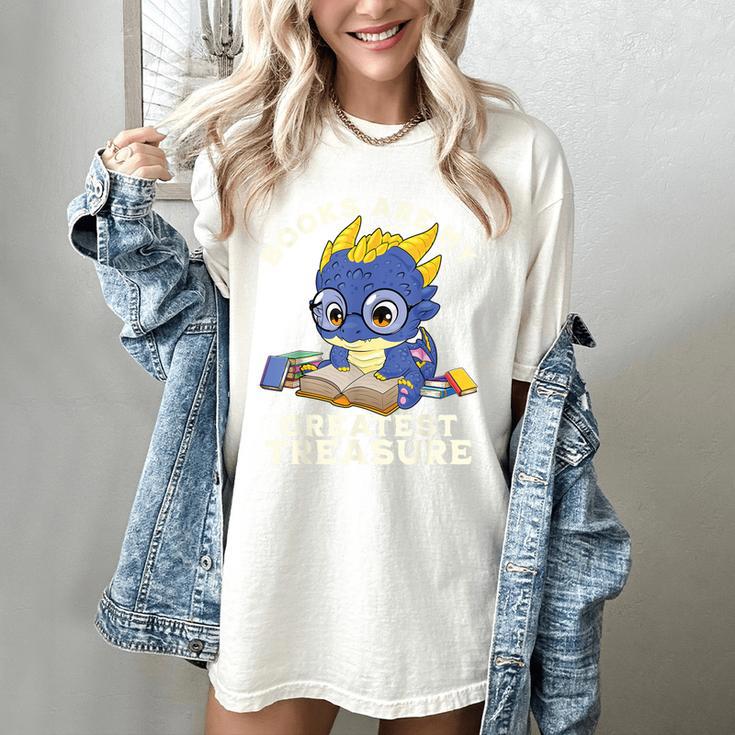 Books Are My Greatest Treasure Kawaii Dragon Reading Books Women's Comfort Colors T-Shirt