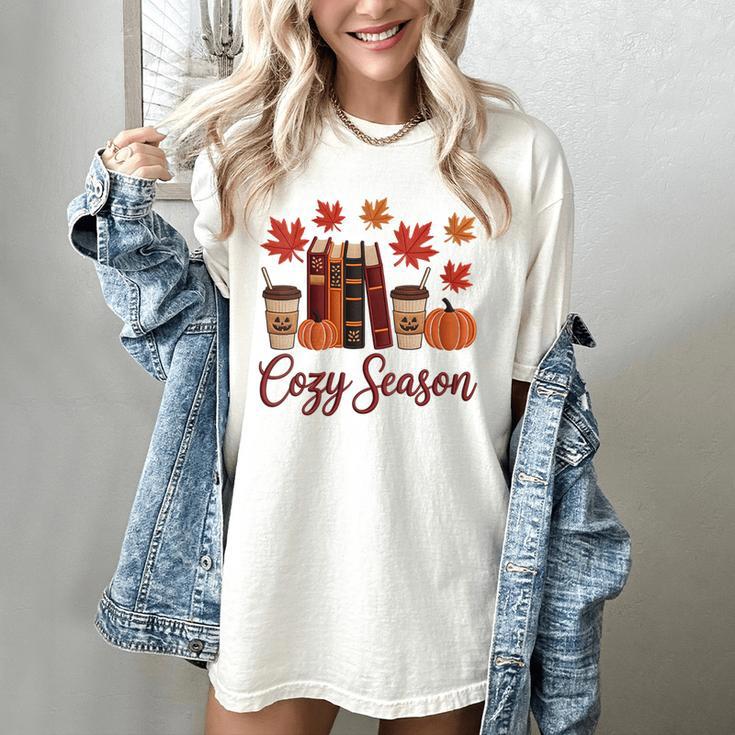 Cozy Season Autumn Leaves Books Pumpkins Fall Halloween Women's Comfort Colors T-Shirt