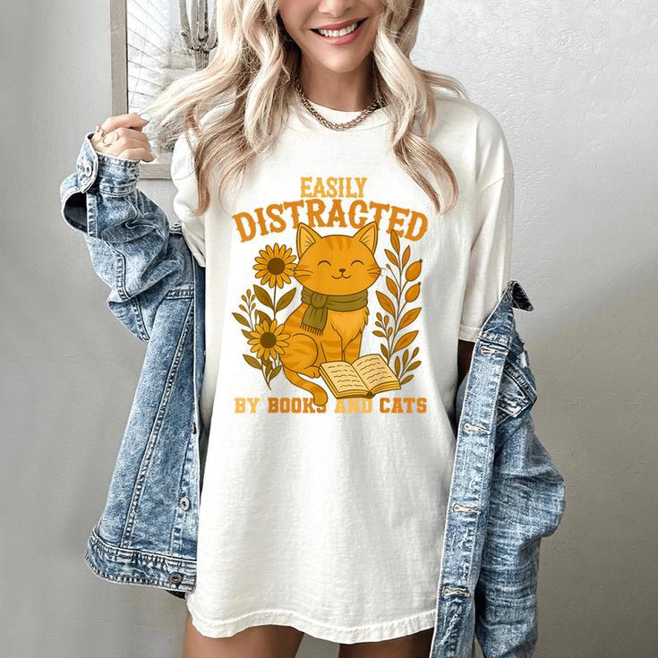 Easily Distracted By Cats And Books Cute Cat Book Lover Women's Comfort Colors T-Shirt