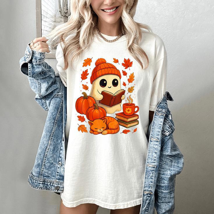 Ghost Reading Book Lovers Autumn Fall Halloween Women's Comfort Colors T-Shirt