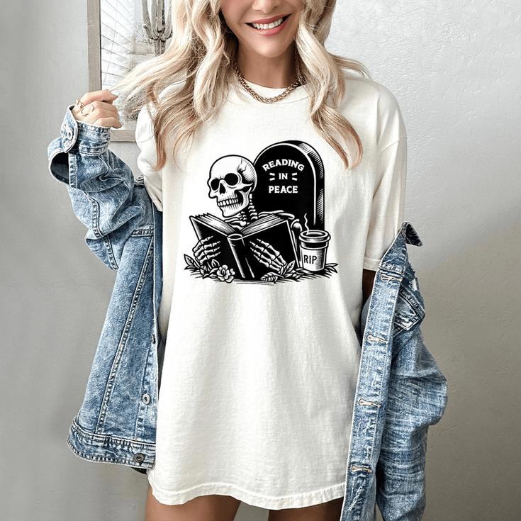 READING IN PEACE RIP Introvert Skeleton Read Book Meme Women's Comfort Colors T-Shirt