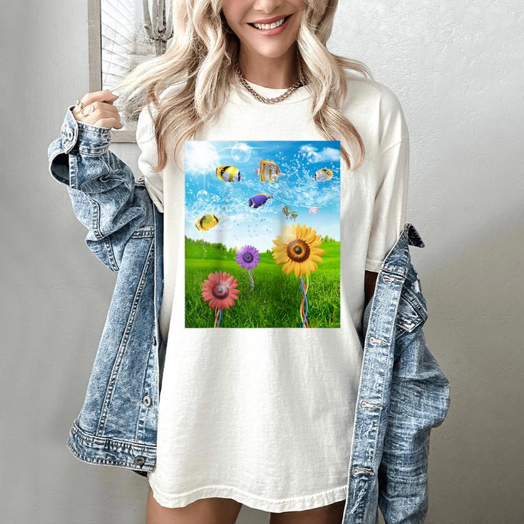 Frutiger Aero Aesthetic Tech Scenery Fishes Sunflower Raglan Baseball Tee Women's Comfort Colors T-Shirt
