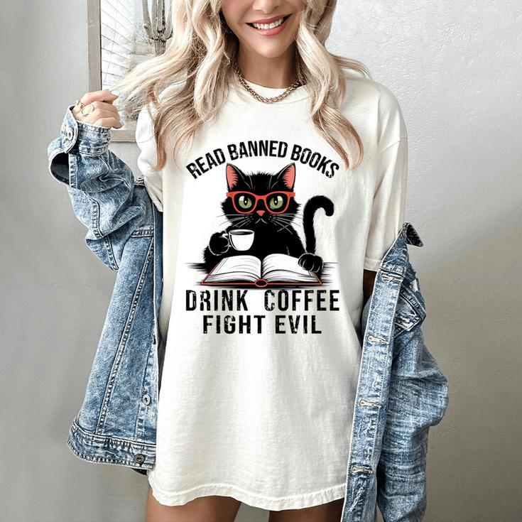 Read Banned Books Drink Coffee Fight Evil Retro Cat Women's Comfort Colors T-Shirt