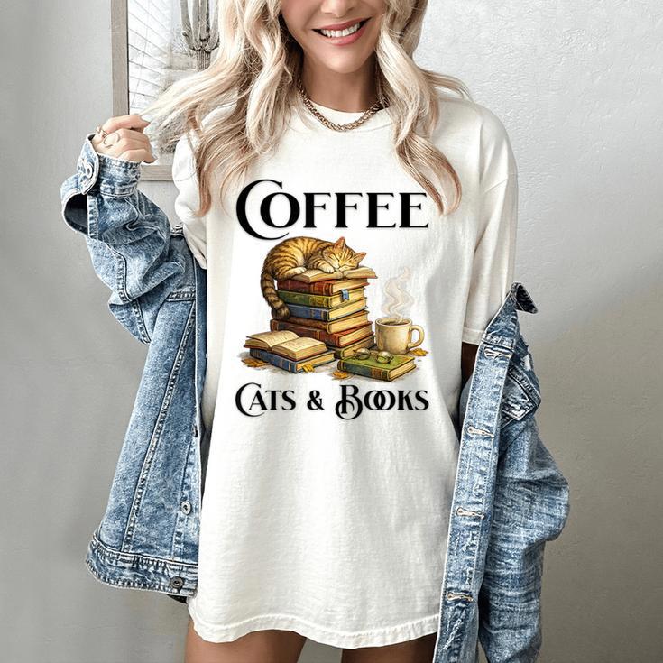 Sleeping Cat And Books With Coffee Lover Women's Comfort Colors T-Shirt