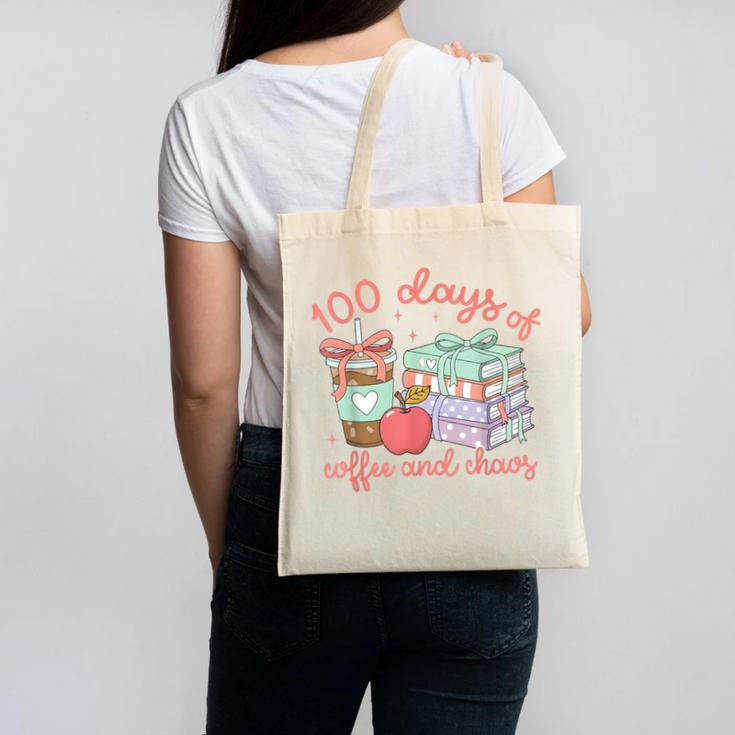 100 Days Of Coffee And Chaos Coquette Bow Book Apple Canvas Tote Bag