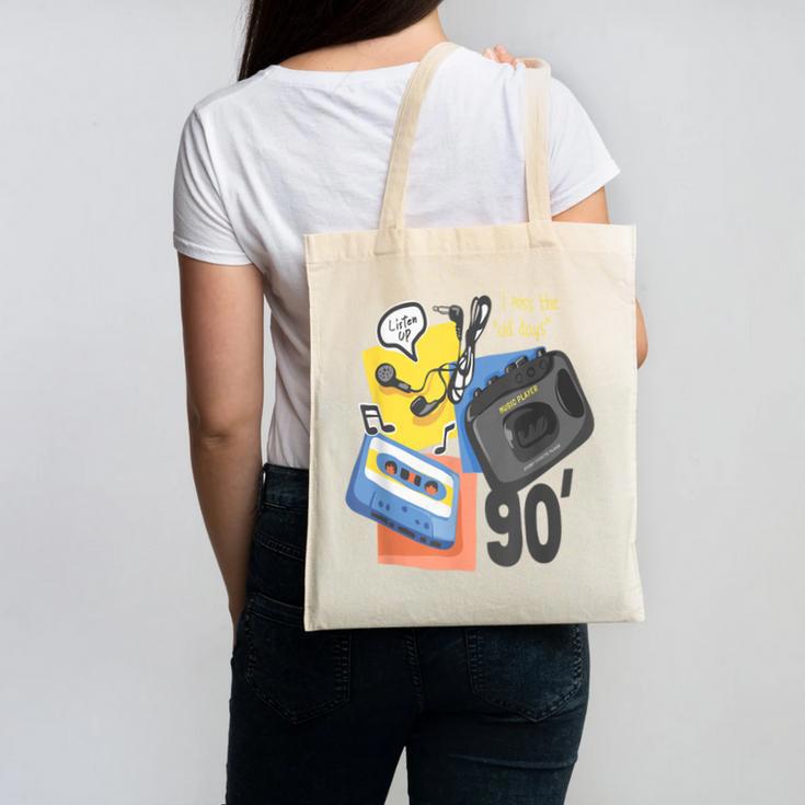 90s Retro Cassette And Walkman Nostalgia Graphic Tee Canvas Tote Bag