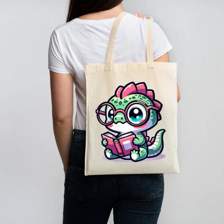 Adorable Book Lover Basilisk With Reading Glasses Cute Canvas Tote Bag