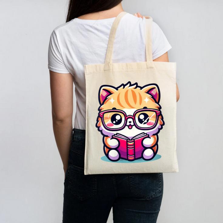 Adorable Book Lover Persian Cat With Reading Glasses Cute Canvas Tote Bag