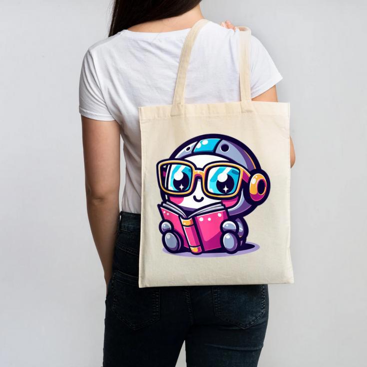 Adorable Book Lover Robot With Reading Glasses Cute Canvas Tote Bag