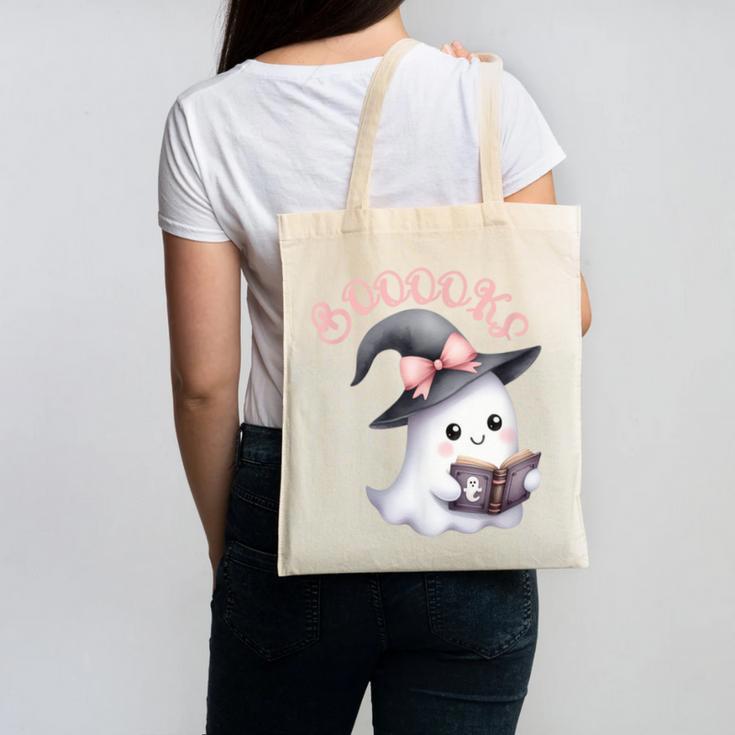 Boo Ghost Books Coquette Bow Halloween Women School Teacher Canvas Tote Bag