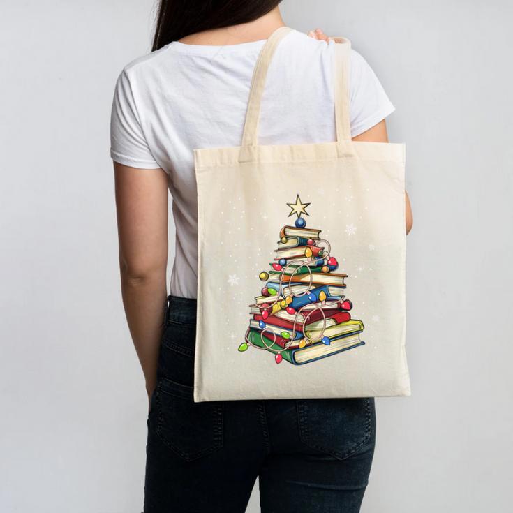Book Christmas Tree Teacher Book Lover Crew Neck Modern Classic Christmas Small Short Sleeve -Adults -Kids Canvas Tote Bag