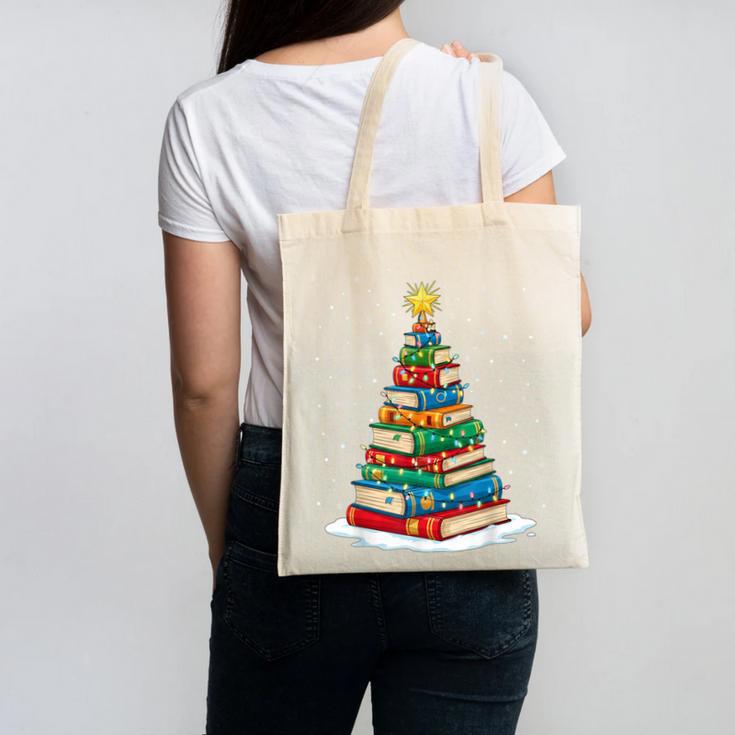 Book Christmas Tree Xmas Lights Book Lover Teacher Librarian Canvas Tote Bag