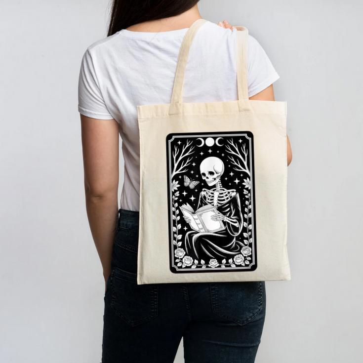 Book Lover The Reader Tarot Card Skeleton Reading Canvas Tote Bag