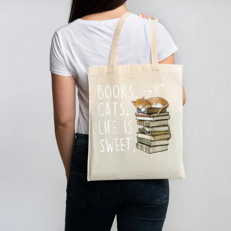 Book Lovers Books Cats Life Is Sweet Cat Lovers Canvas Tote Bag
