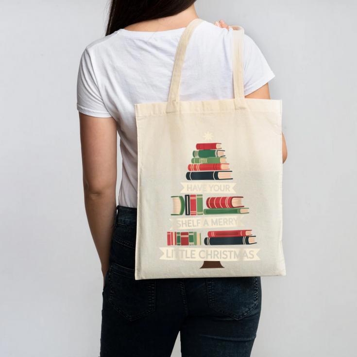 Book Merry Little Christmas Tree Holiday Canvas Tote Bag