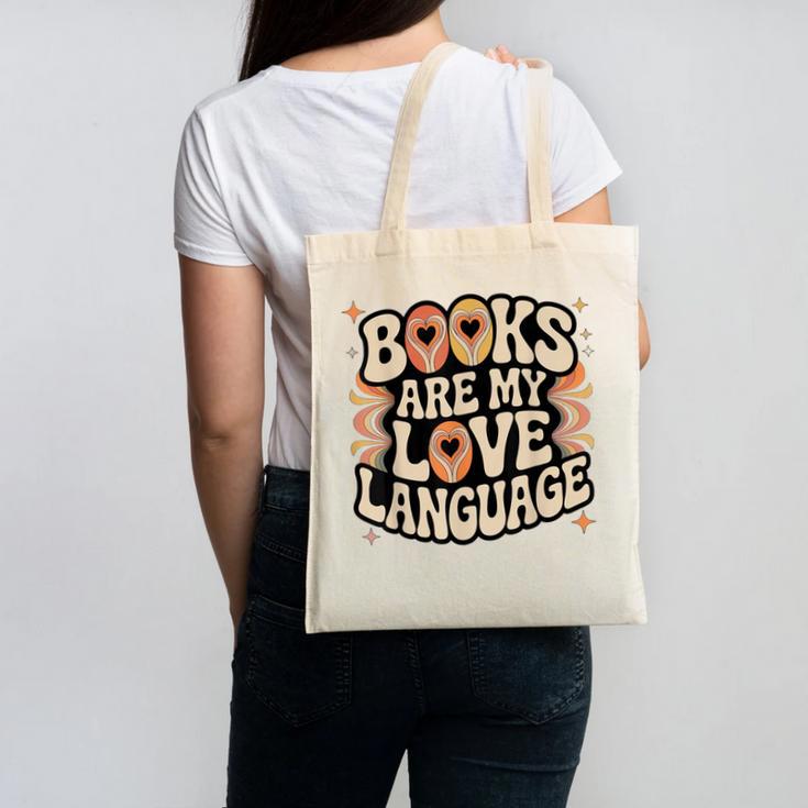 Books Are My Love Language Retro Groovy 70s Book Lover Canvas Tote Bag