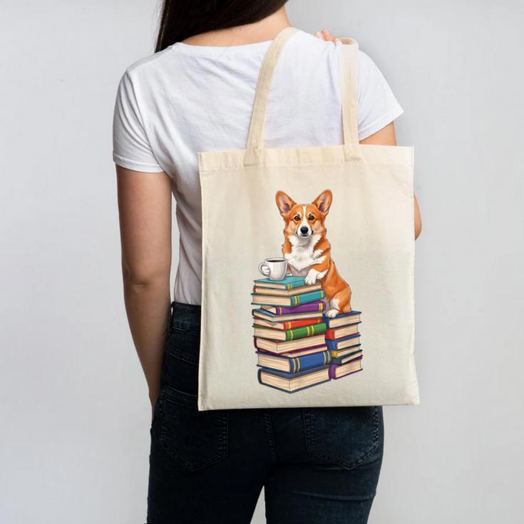 Bookworm Corgi Reading Books Drinking Coffee Dog Lover Canvas Tote Bag