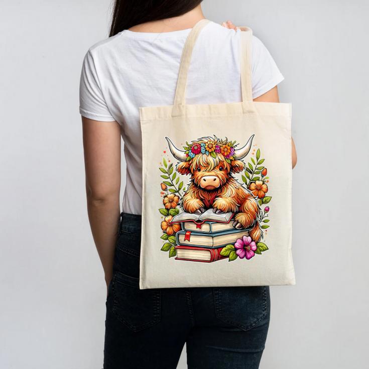 Bookworm Cute Highland Cow Reading Book Canvas Tote Bag