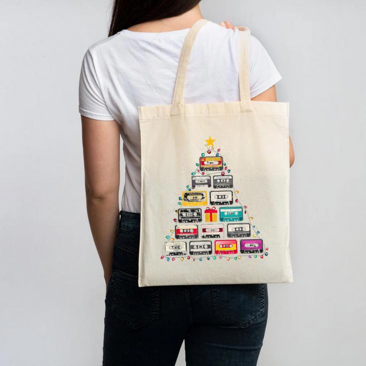 Cassette Tape Christmas Tree Graphic 80s 90s Retro Nostalgia Canvas Tote Bag