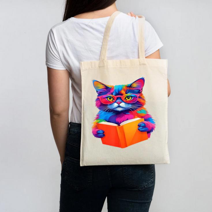 Cat Book Shirt Colorful Cat Reading Book Canvas Tote Bag