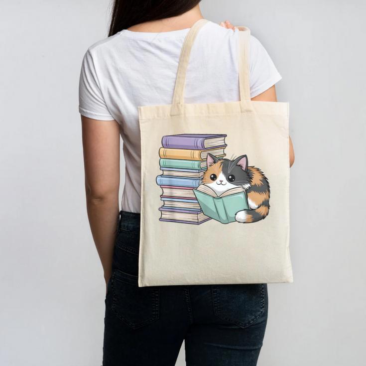Cat On Books Pets Cats Reading Book Nerd Read Reader Bookcat Canvas Tote Bag
