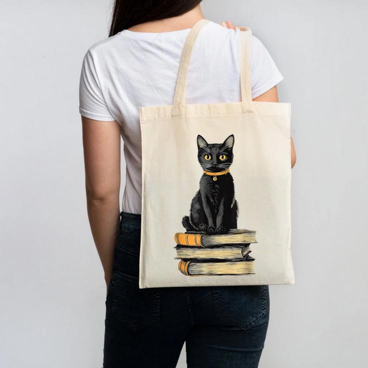 Cat Sitting On Books Canvas Tote Bag
