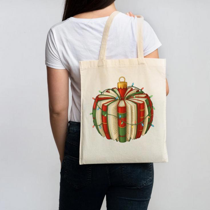 Christmas Book Ornament Lights Holiday Reading Lover Teacher Canvas Tote Bag