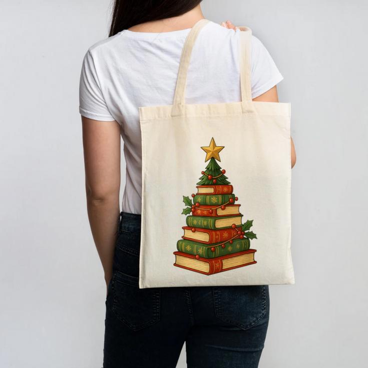 Christmas Book Tree Bookshelf Holiday For Readers Librarians Canvas Tote Bag