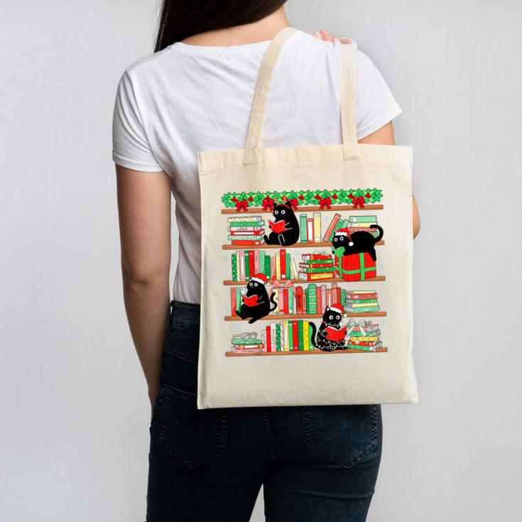 Christmas Cat Santa Bookshelves Book Lover Reader Canvas Tote Bag