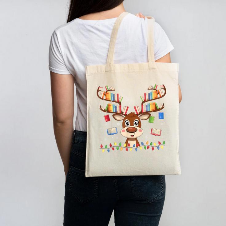 Christmas Librarian Reindeer Matching Family Book Lover Xmas Canvas Tote Bag