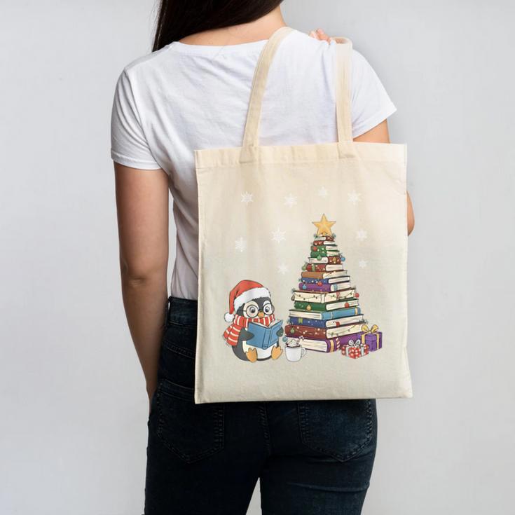 Christmas A Penguin Reading Book Snowflake Cocoa Hot Teacher Canvas Tote Bag
