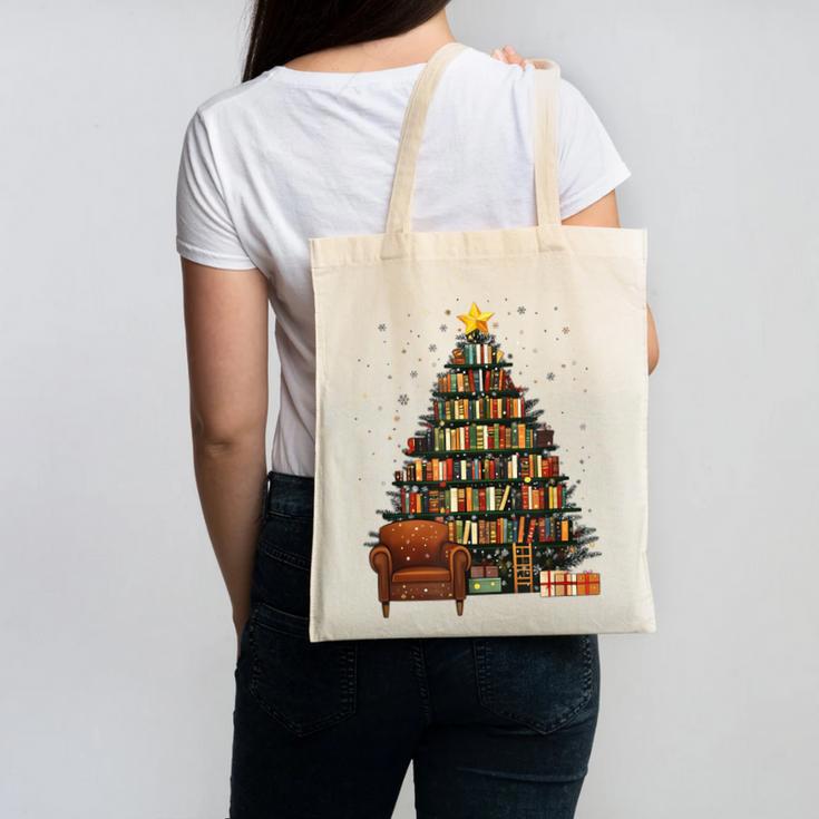 Christmas Tree Bookshelf Book Lover Library Canvas Tote Bag