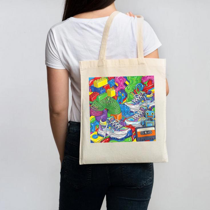 Colorful Kidcore 90s Nostalgia Meme Sneakers Robot Toy Slime Canvas Tote Bag