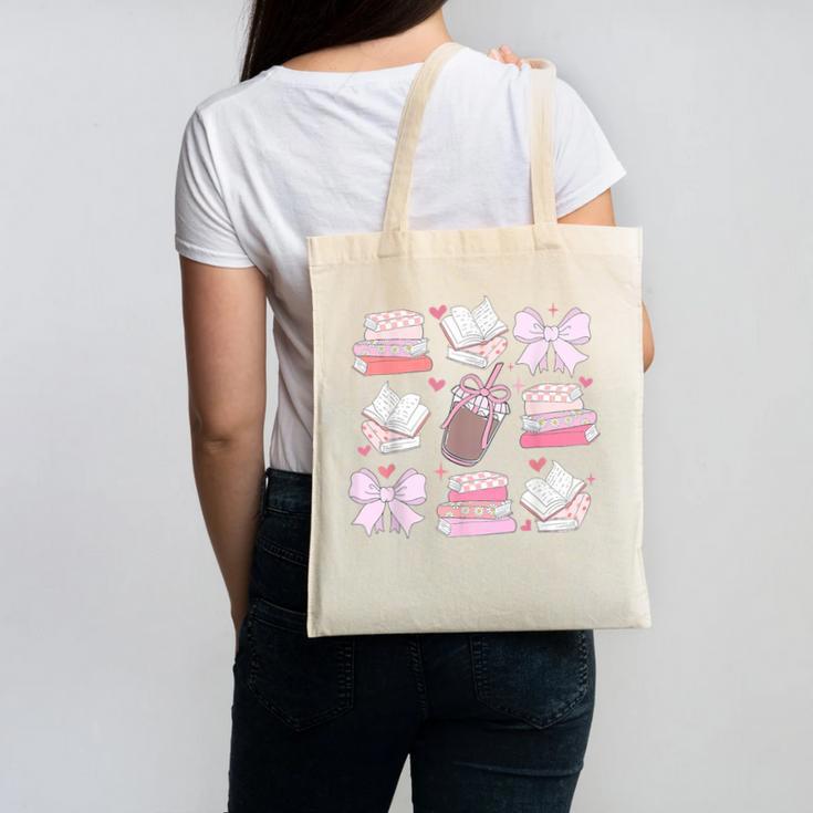 Coquette Bow Book Coffee Valentines Bookish Library Teacher Canvas Tote Bag