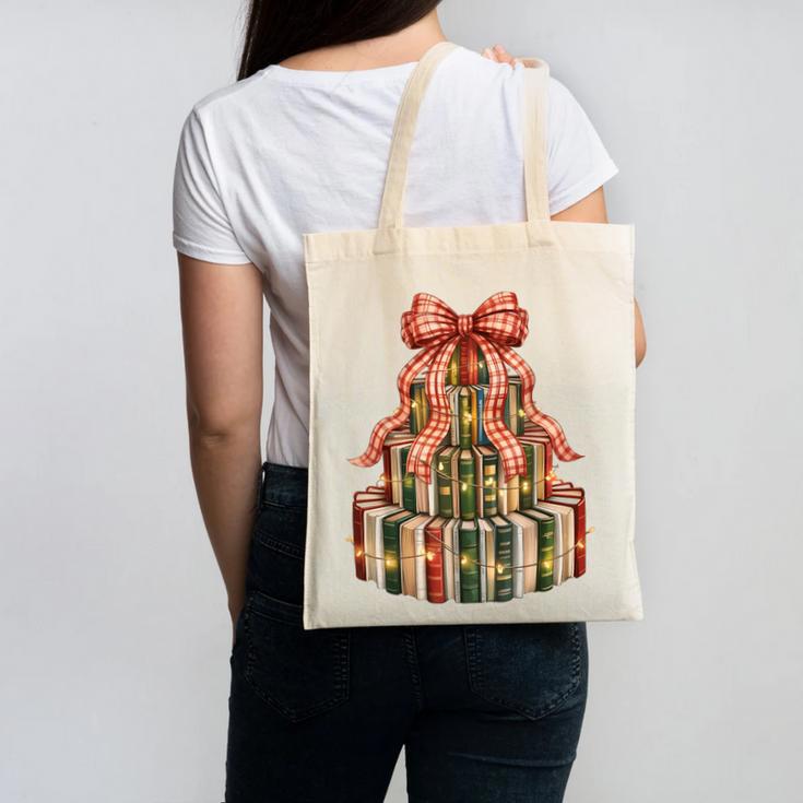 Coquette Christmas Book Tree Xmas Lights Librarian Teacher Canvas Tote Bag