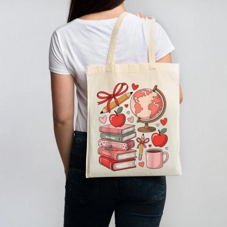 Coquette Teacher School Supplies Bows Books Globe Apple Cute Canvas Tote Bag