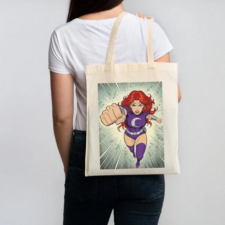 The Crimson Crescent 90s Retro Comic Book Superheroine Art Canvas Tote Bag