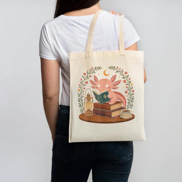 Cute Axolotl Reading Books Cozy Bookworm Canvas Tote Bag