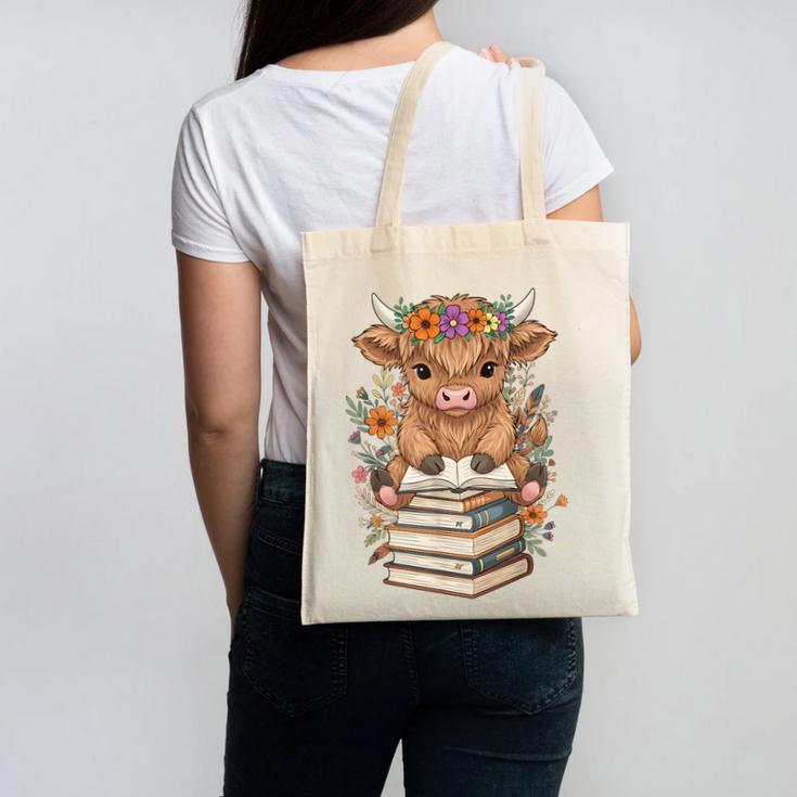 Cute Baby Highland Cow Reading Book Librarian Bookworm Canvas Tote Bag