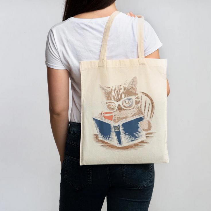 Cute Cat Reading Books With Tea Canvas Tote Bag