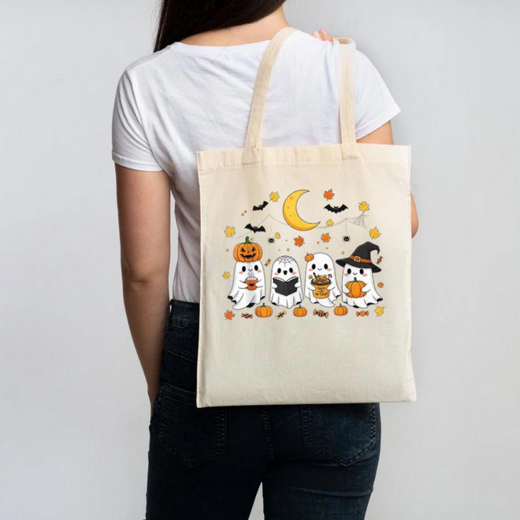 Cute Ghost Drinking Coffee Halloween Fall Ghost Book Reading Canvas Tote Bag