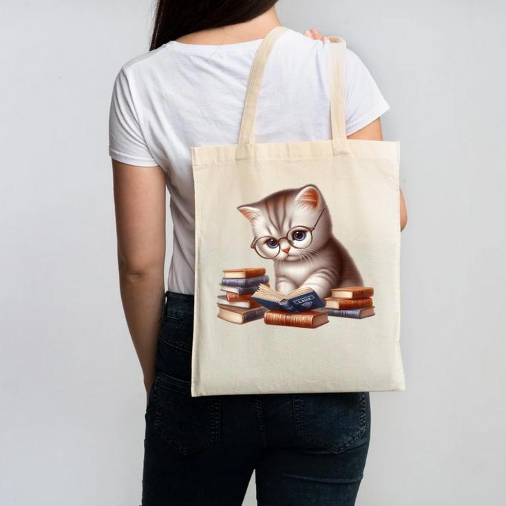 Cute Kitten Bookworm Adorable Cat With Glasses Reading Book Canvas Tote Bag