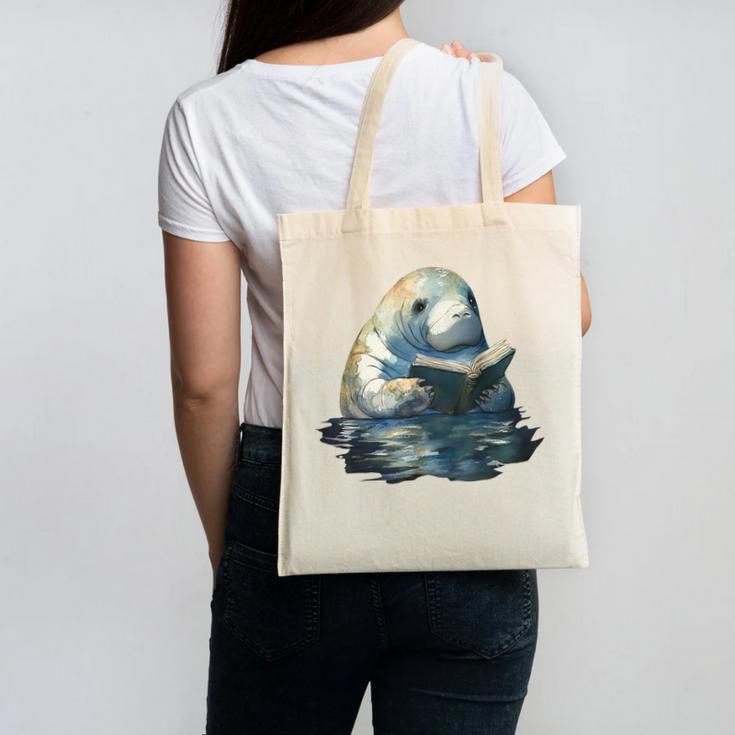 Cute Manatee Reading Book Bookworm Readers Manatee Lover Canvas Tote Bag