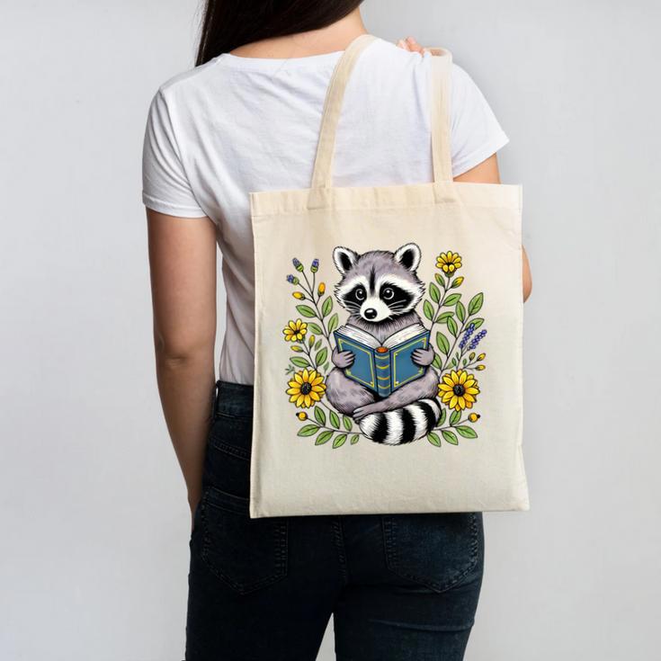 Cute Raccoon Reading Book Flowers Canvas Tote Bag
