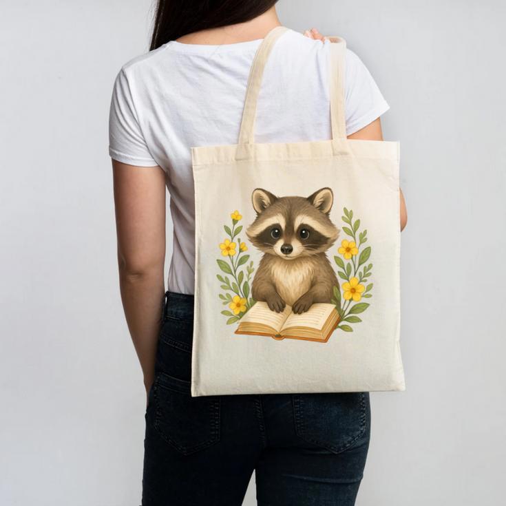 Cute Raccoon Reading Book Flowers Floral Canvas Tote Bag