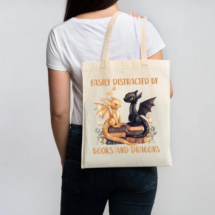 Easily Distracted By Books & Dragons Librarian Book Lover Canvas Tote Bag