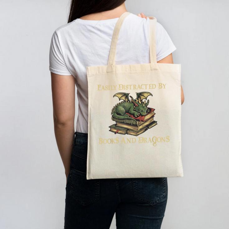 Easily Distracted By Books And Dragons Graphic Canvas Tote Bag