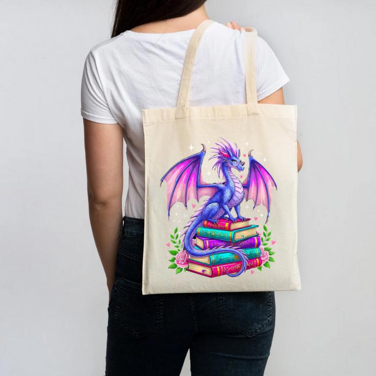 Fantasy Dragon Reading Books Bookworm Canvas Tote Bag
